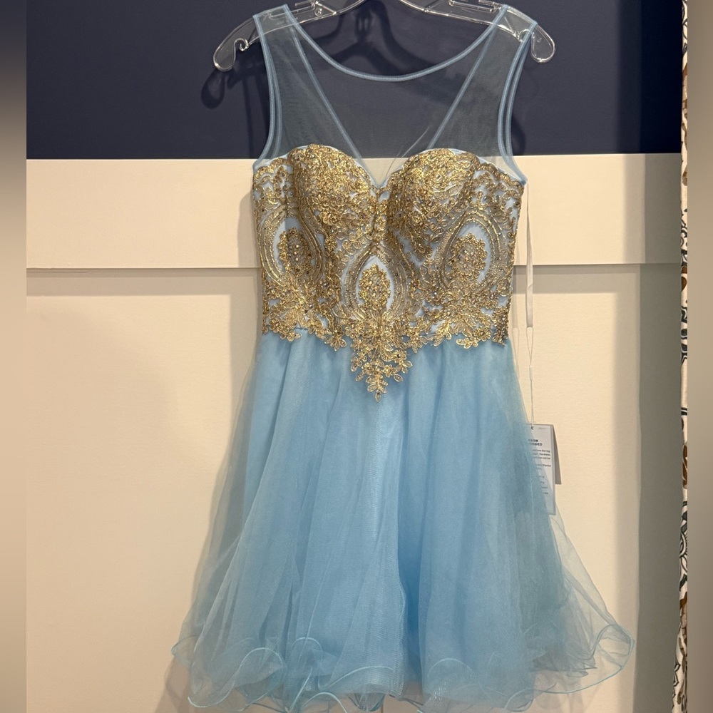 Babyonline Light Blue Formal Tulle Dress with Gold Embellished Bodice Size M NWT